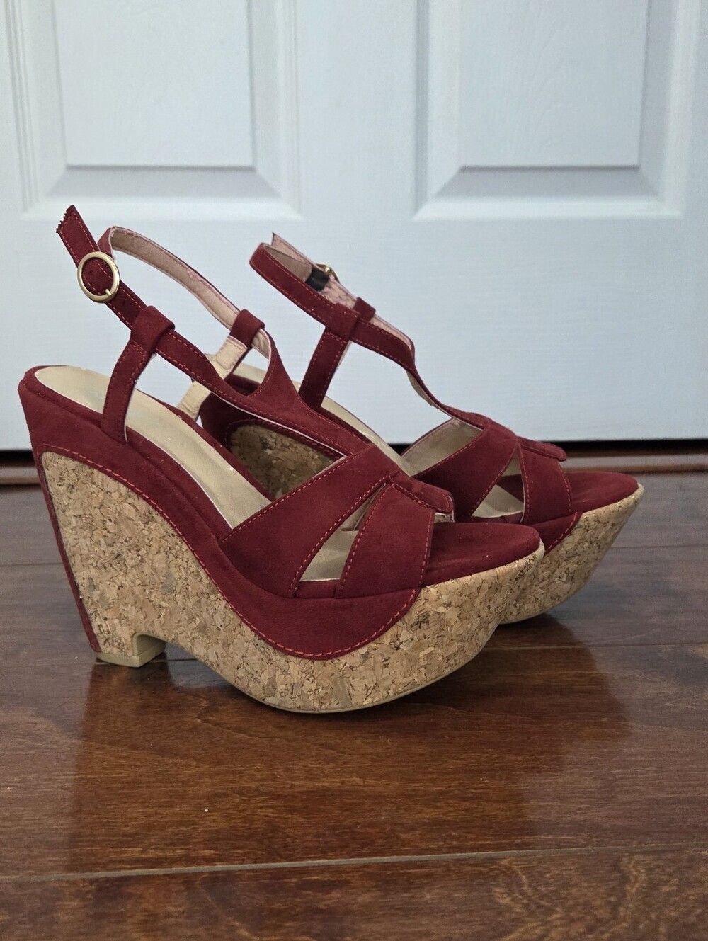 ANDREA Red Microsuede Cork Platform Wedge Sandals with Ankle Straps Size 7 - Picture 2 of 10